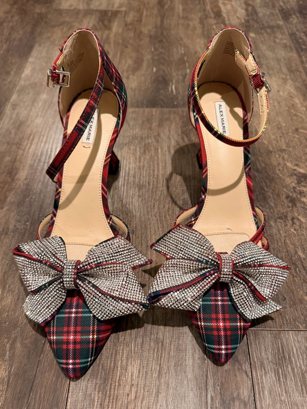 🌺Alex Marie Red Plaid Pointed Toe Ankle-Strap Heels with Crystal Bow